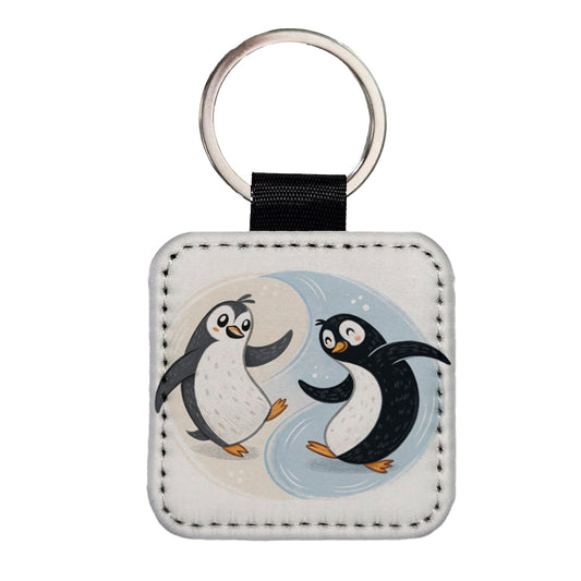 Two Penguins Yin Yang Cute Square Faux Leather Keychain