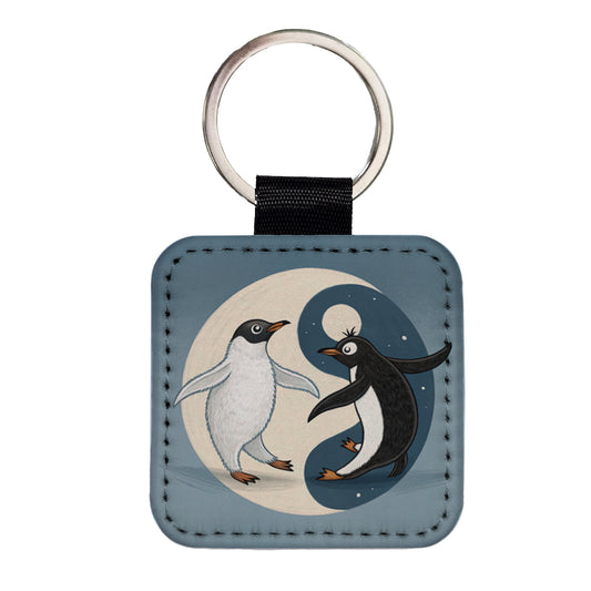 Two Penguins Yin Yang Square Faux Leather Keychain