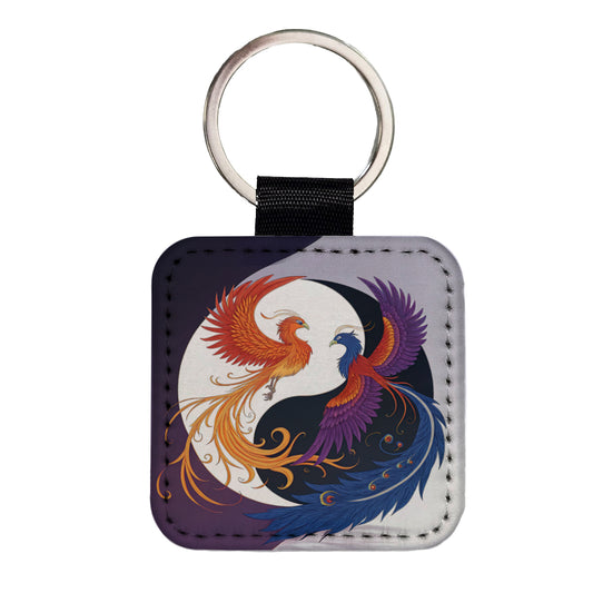 Two Phoenix Yin Yang Square Faux Leather Keychain