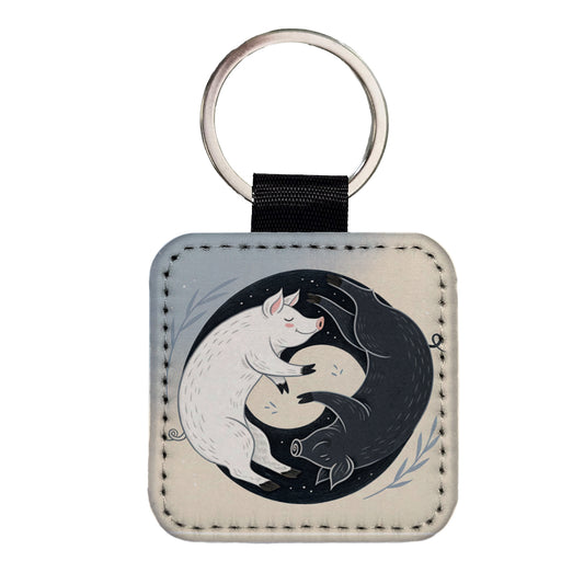 Two Pigs Yin Yang Black White Square Faux Leather Keychain