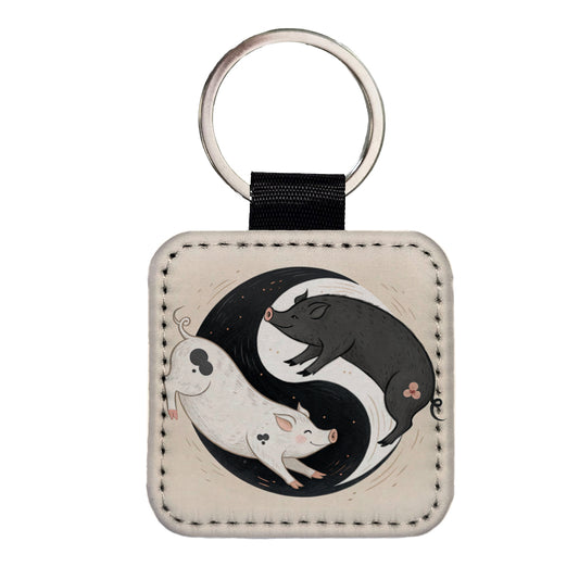 Two Pigs Yin Yang Cute Square Faux Leather Keychain
