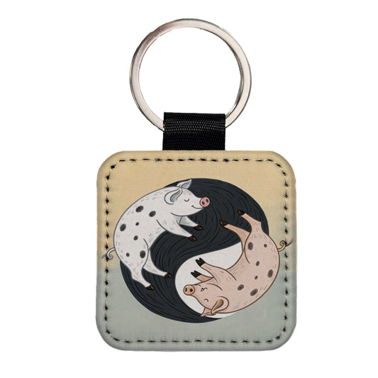 Two Pigs Yin Yang Sweet Square Faux Leather Keychain