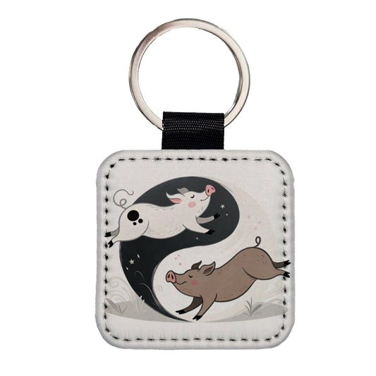 Two Pigs Yin Yang Square Faux Leather Keychain