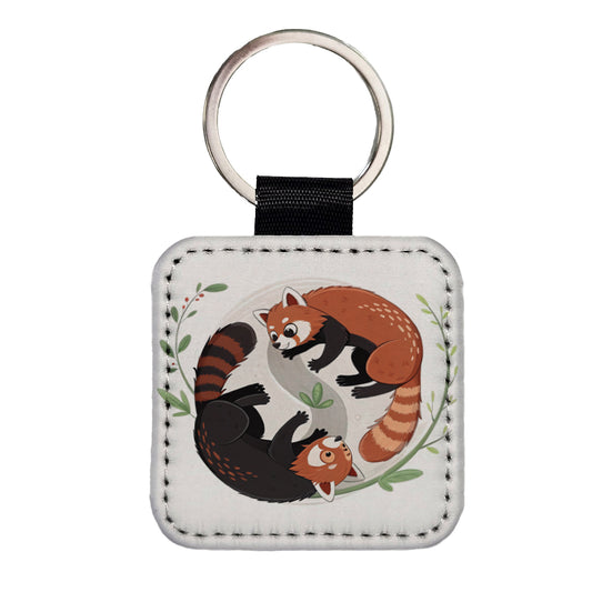 Two Red Pandas Yin Yang Cute Square Faux Leather Keychain
