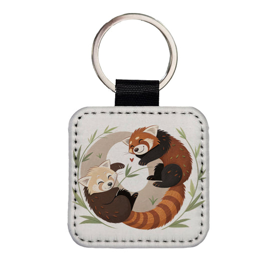 Two Red Pandas Yin Yang Square Faux Leather Keychain
