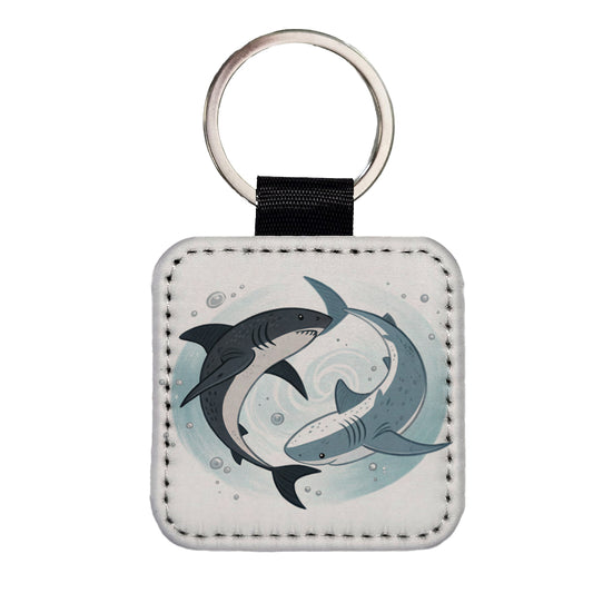 Two Sharks Yin Yang Square Faux Leather Keychain