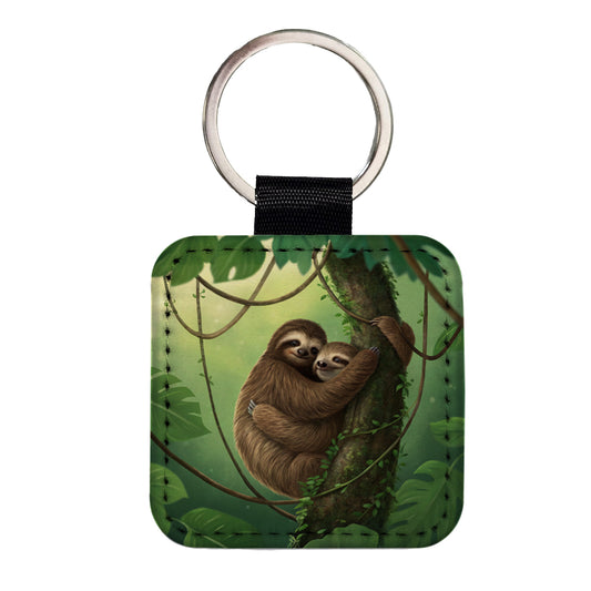 Two Sloths Hugging Square Faux Leather Keychain