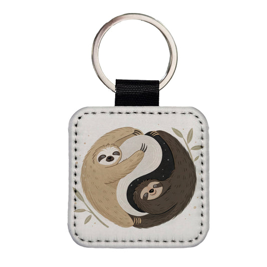 Two Sloths Yin Yang Square Faux Leather Keychain