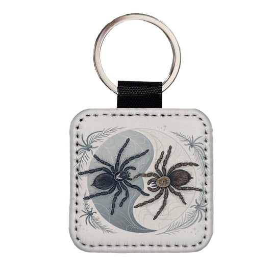 Two Tarantulas Spiders Yin Yang Square Faux Leather Keychain