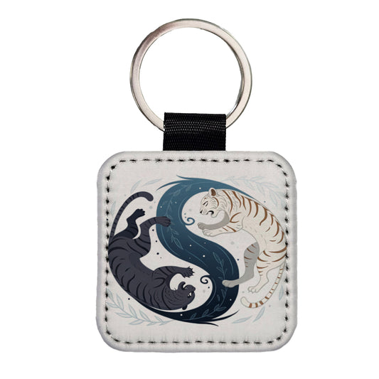Two Tigers Yin Yang Awesome Square Faux Leather Keychain
