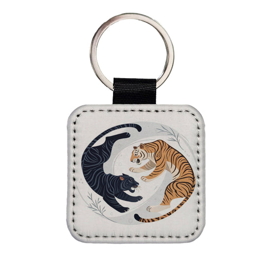 Two Tigers Yin Yang Illustration Square Faux Leather Keychain