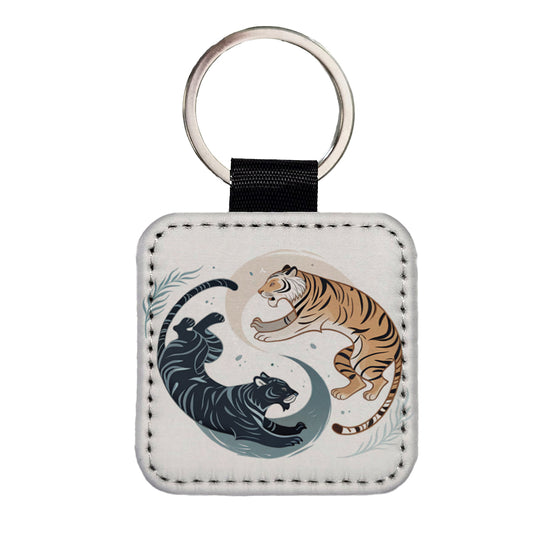 Two Tigers Yin Yang Orange Dark Square Faux Leather Keychain