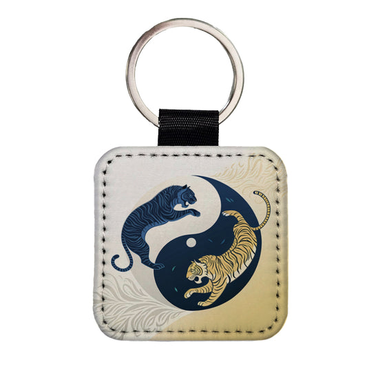 Two Tigers Yin Yang Square Faux Leather Keychain