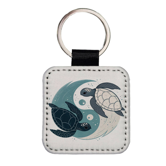 Two Turtles Yin Yang Swimming Square Faux Leather Keychain