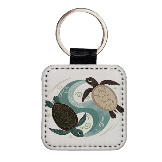 Two Turtles Yin Yang Square Faux Leather Keychain