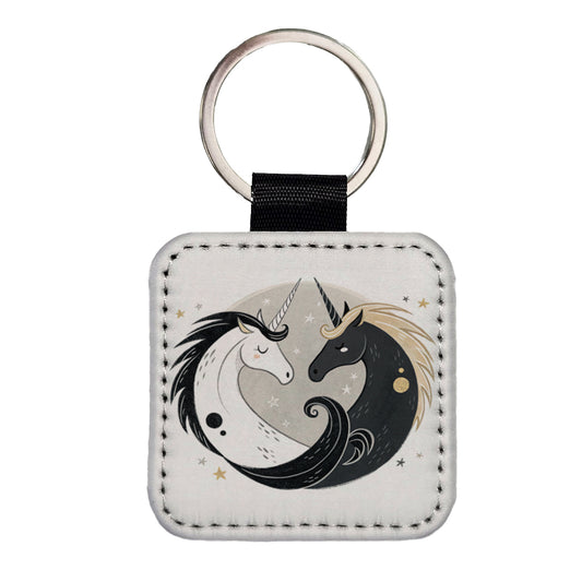 Two Unicorns Yin Yang Black White Square Faux Leather Keychain