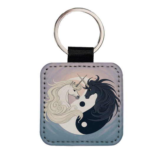 Two Unicorns Yin Yang Square Faux Leather Keychain
