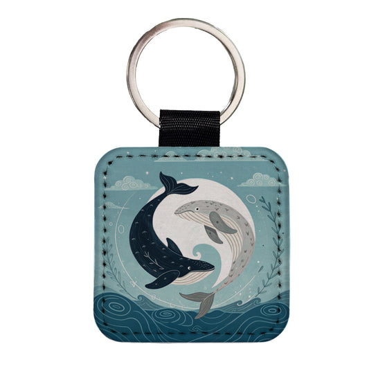 Two Whales Yin Yang Ocean Sky Square Faux Leather Keychain
