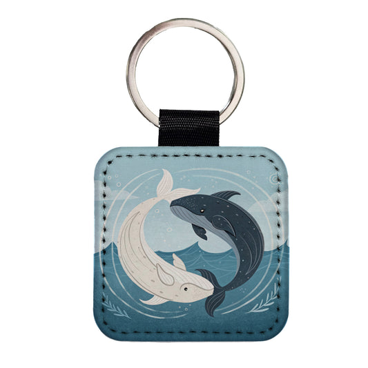 Two Whales Yin Yang Ocean Square Faux Leather Keychain