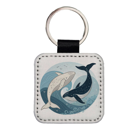 Two Whales Yin Yang Square Faux Leather Keychain