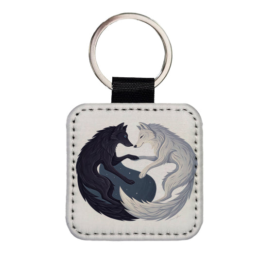 Two Wolves Yin Yang Black White Square Faux Leather Keychain