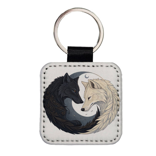 Two Wolves Yin Yang Square Faux Leather Keychain