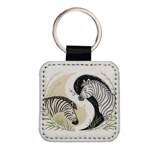 Two Zebras Yin Yang Square Faux Leather Keychain