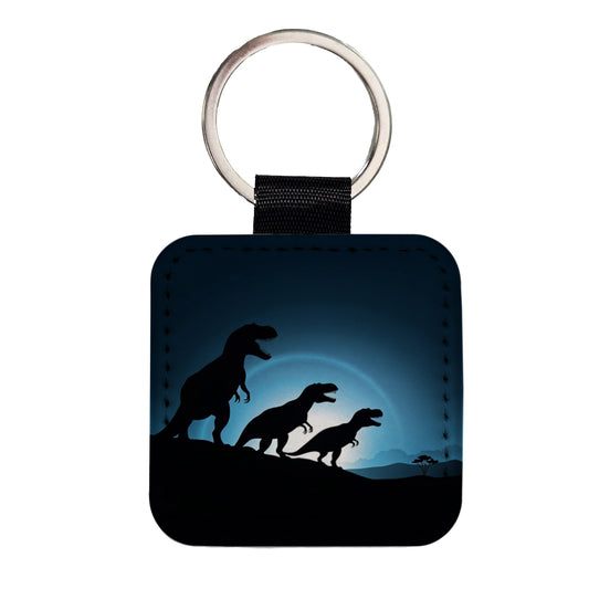 Tyrannosaurus T-Rex Dinosaur Night Silhouettes Square Faux Leather Keychain