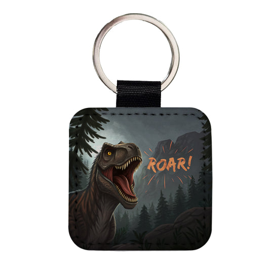 Tyrannosaurus T-Rex Dinosaur Roar Bold Text Square Faux Leather Keychain