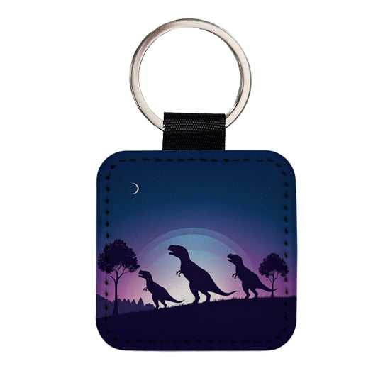 Tyrannosaurus T-Rex Dinosaur Silhouettes Square Faux Leather Keychain