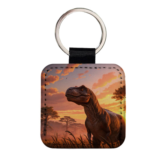 Tyrannosaurus T-Rex Dinosaur Sunset Sky Square Faux Leather Keychain
