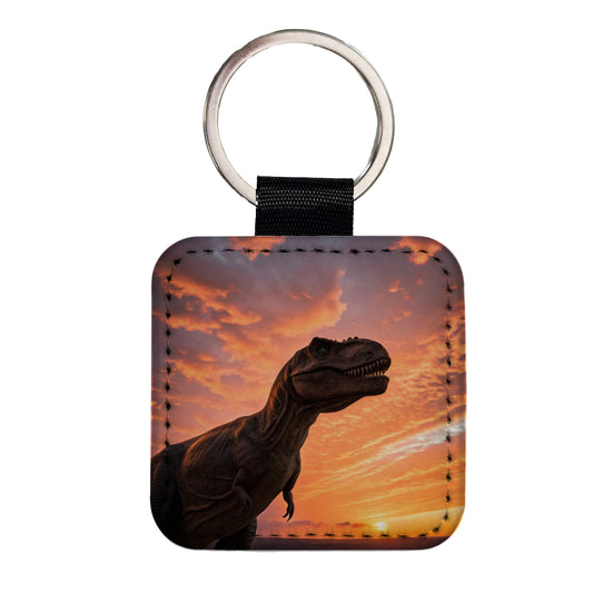 Tyrannosaurus T-Rex Dinosaur Sunset Sunrise Square Faux Leather Keychain