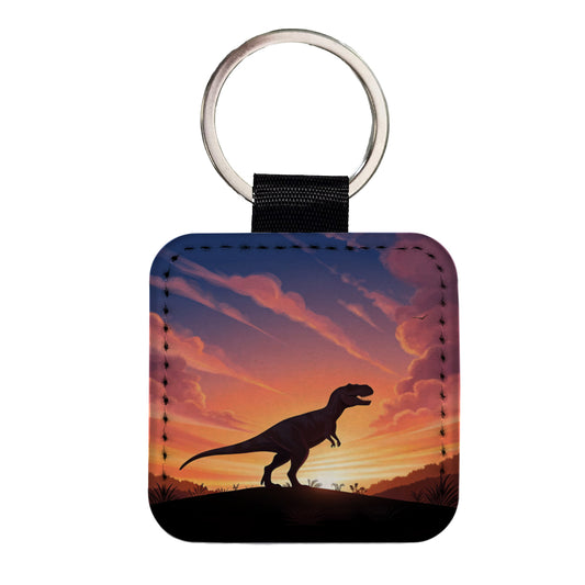 Tyrannosaurus T-Rex Dinosaur Sunset Square Faux Leather Keychain