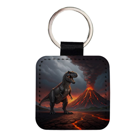 Tyrannosaurus T-Rex Dinosaur Volcano Erupting Square Faux Leather Keychain