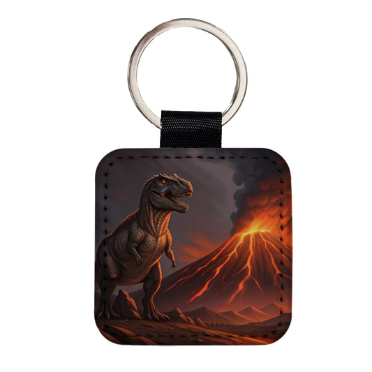 Tyrannosaurus T-Rex Dinosaur Volcano Lava Square Faux Leather Keychain