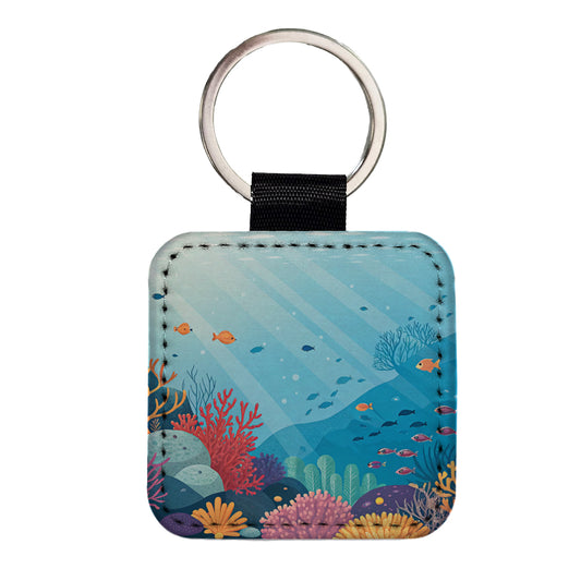 Underwater Reef Scene Fish Coral Ocean Tropical Square Faux Leather Keychain