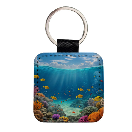 Underwater Reef Scene Tropical Fish Ocean Square Faux Leather Keychain