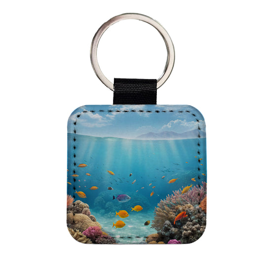 Underwater Scene Tropical Fish Ocean Square Faux Leather Keychain