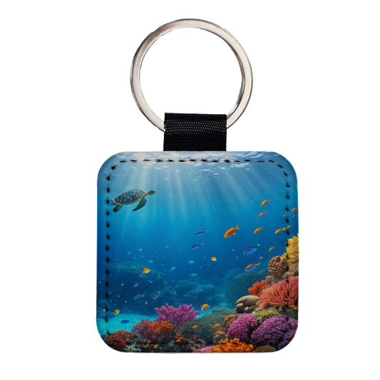 Underwater Scene Tropical Turtle Fish Coral Ocean Square Faux Leather Keychain
