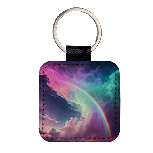 Vapor Rainbow Storm Square Faux Leather Keychain