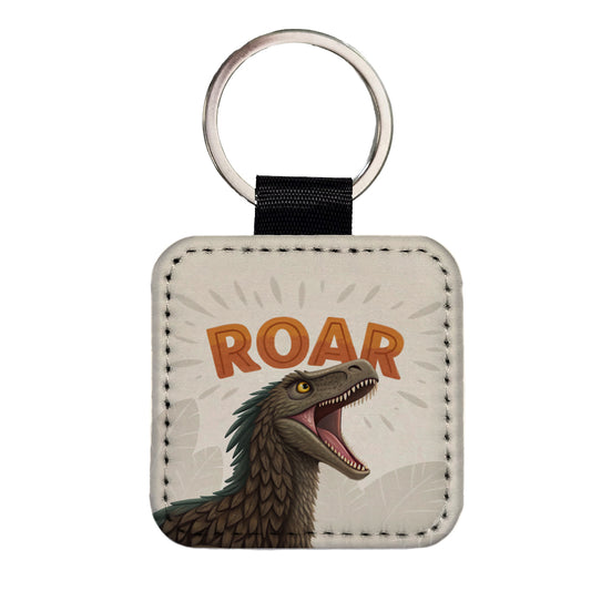 Velociraptor Roar Bold Dinosaur Square Faux Leather Keychain