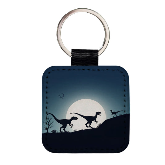Velociraptor Silhouettes Dinosaurs Square Faux Leather Keychain