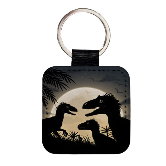 Velociraptor Silhouettes Night Dinosaur Square Faux Leather Keychain