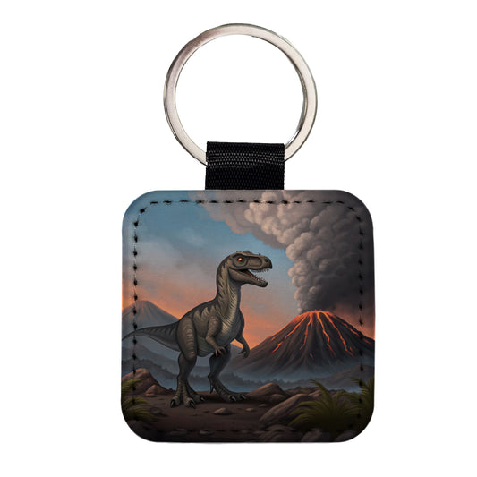 Velociraptor Volcano Dinosaur Square Faux Leather Keychain