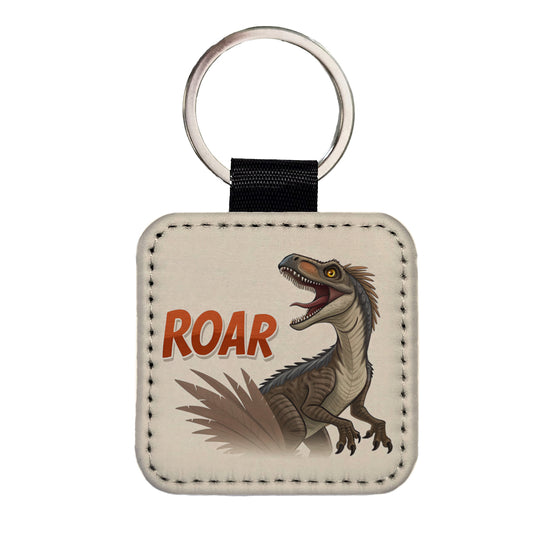 Velociraptor With Roar Dinosaur Square Faux Leather Keychain