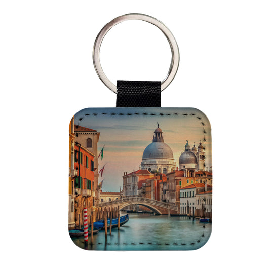 Venice Italy Canal Travel Square Faux Leather Keychain