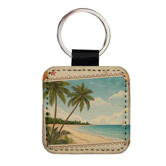 Vintage Beach Postcard Tropical Square Faux Leather Keychain