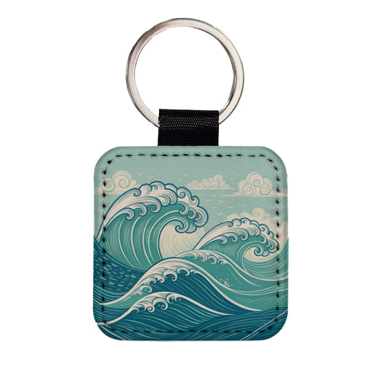 Vintage Ocean Waves Drawing Square Faux Leather Keychain