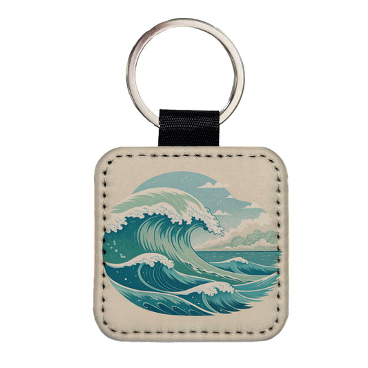 Vintage Ocean Waves Square Faux Leather Keychain