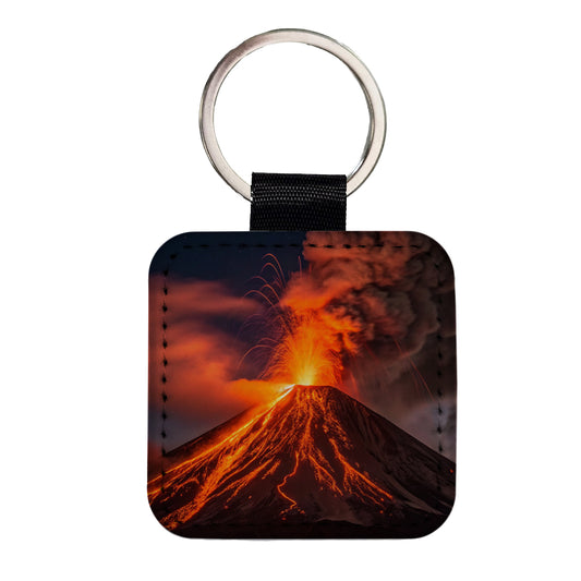 Volcano Erupting At Night Lava Square Faux Leather Keychain